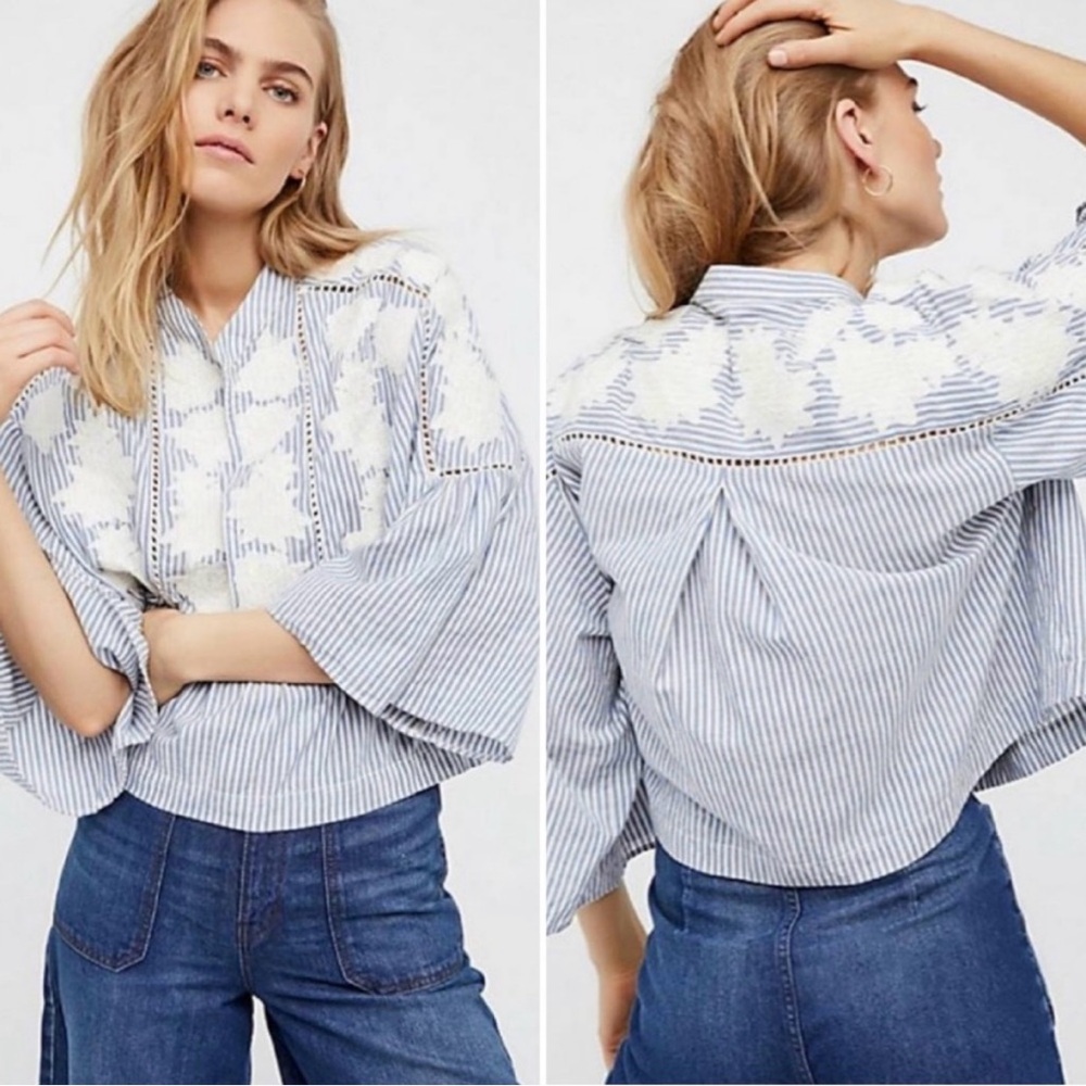 Free People Liya Embroidered Stripe Blouse Top - Size Small S